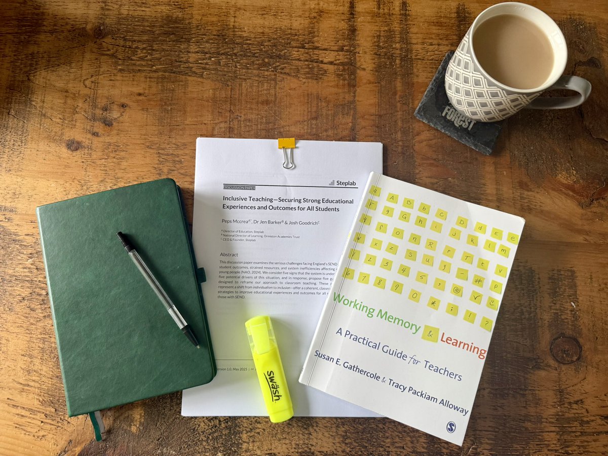 catnew86's tweet photo. Proper miserable outside today! The perfect excuse for an afternoon of reading! 
I’m going to start by diving into chapter 3 of Working Memory &amp; Learning, followed by @Steplab_co ‘s Inclusive teaching paper. #halfterm #academicreading https://t.co/vZwm5Ipg7Q