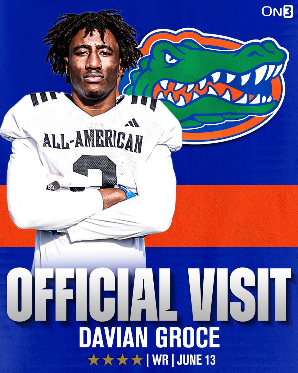 On3 Recruits (@on3recruits) on Twitter photo Elite WR Davian Groce has locked in an official visit to Florida on June 13, <a href="/Corey_Bender/">Corey Bender</a> reports🐊
Groce ranks No. 43 NATL. (No. 6 WR) in the 2026 On300.
Read: on3.com/teams/florida-… Elite WR Davian Groce has locked in an official visit to Florida on June 13, <a href="/Corey_Bender/">Corey Bender</a> reports🐊
Groce ranks No. 43 NATL. (No. 6 WR) in the 2026 On300.
Read: on3.com/teams/florida-…
