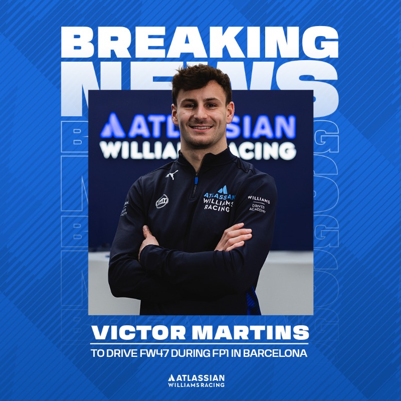 WilliamsF1's tweet photo. A debut F1 appearance for Victor 🤩  

Victor Martins will be stepping into the FW47 for FP1 in Barcelona this week. 

Link below for full details 🏁🔗