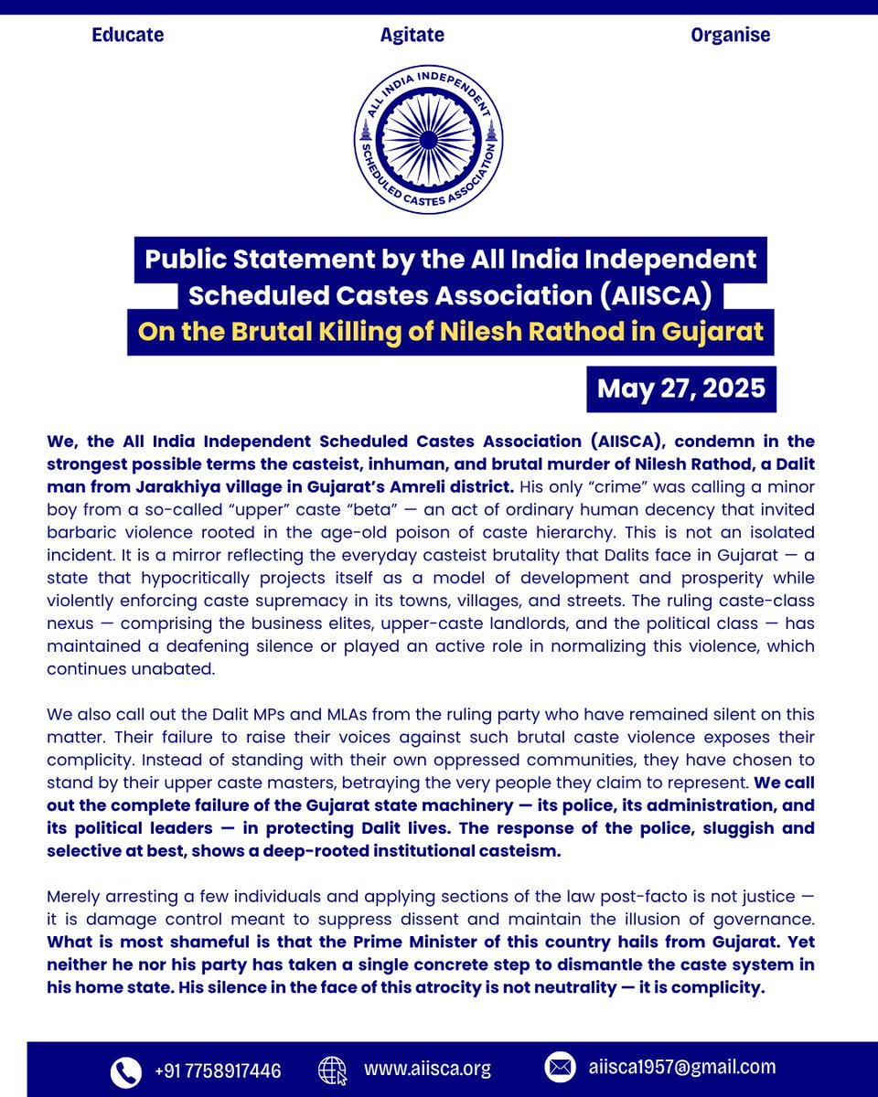 This is not an isolated incident. It is a mirror reflecting everyday casteist brutality that Dalits face in Gujarat  a state that hypocritically projects itself as a model of development &amp; prosperity while violently enforcing caste supremacy in its towns, villages &amp; streets.