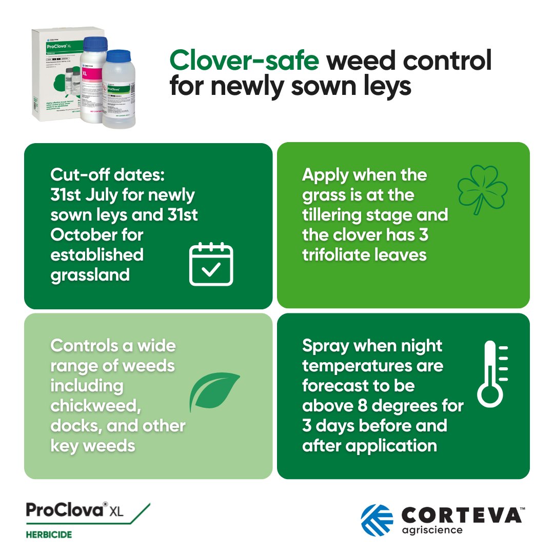 Corteva UK & Ireland - Forage (@cortevaforage) on Twitter photo ProClova XL is specifically developed for use in new reseeds & established grassland containing clover.
✅ Highly effective solution
✅ Delivers exceptional broadleaf weed control
✅ Safe on clover – no compromise on performance 🍀 
 
Learn more: corteva.co.uk/proclova ProClova XL is specifically developed for use in new reseeds & established grassland containing clover.
✅ Highly effective solution
✅ Delivers exceptional broadleaf weed control
✅ Safe on clover – no compromise on performance 🍀 
 
Learn more: corteva.co.uk/proclova