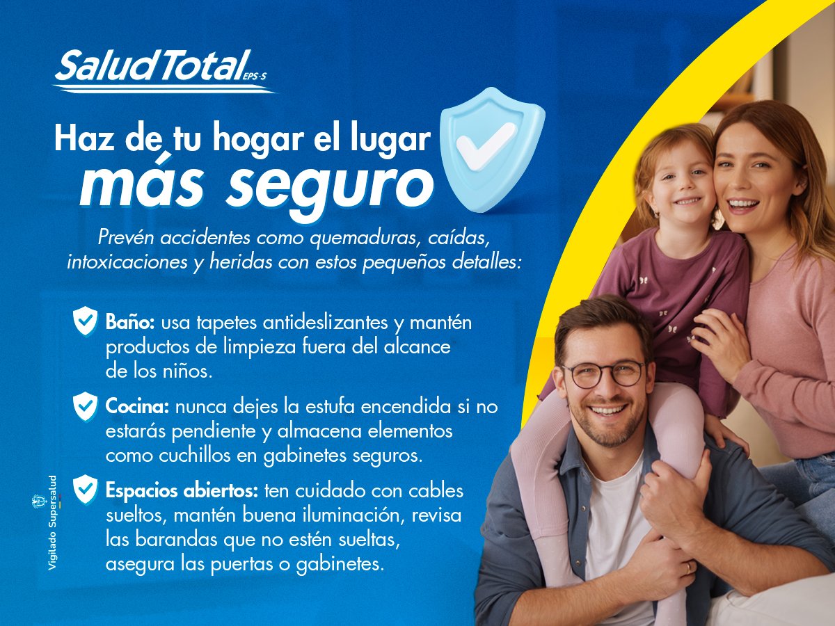EPSSaludTotal's tweet photo. En Salud Total EPS-S te acompañamos también en casa, porque sabemos que allí empieza el cuidado.​

Revisar los espacios donde vives puede ayudarte a prevenir accidentes, especialmente si convives con niños o adultos mayores.​

La prevención comienza con pequeños cambios. 🏡❤️ https://t.co/Q1kwkN7VwL