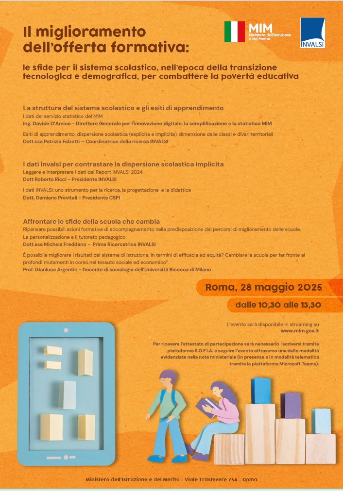 Il 28/05 il <a href="/MIsocialTW/">Ministero dell’Istruzione e del Merito</a> e #INVALSI presentano il Seminario "Il miglioramento dell’offerta formativa: le sfide per il sistema scolastico (...) per combattere la povertà educativa"

Qui tutte le info: mim.gov.it/web/guest/-/sc…

Il link per seguire la diretta: youtube.com/live/J9YB5njWf…
