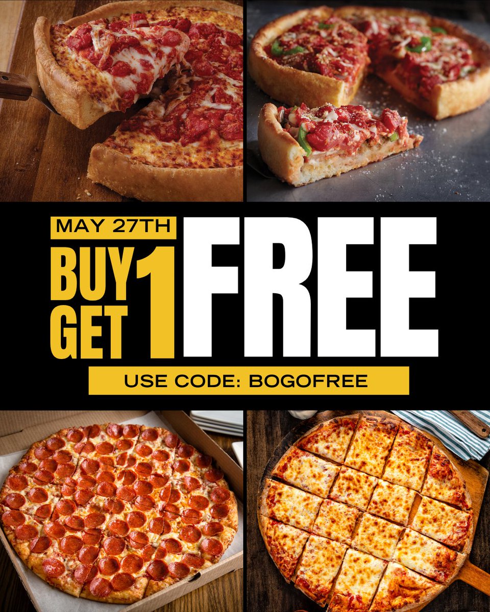 Extend the long weekend vibes! ✨ Skip the dishes and enjoy our Buy 1 Deep Dish or Thin Crust pizza, Get 1 Free Pizza Deal at UNO! 

Valid on May 27th, for dine-in and take-out at participating restaurants. Higher price prevails. Use code: BOGOFREE for online orders.