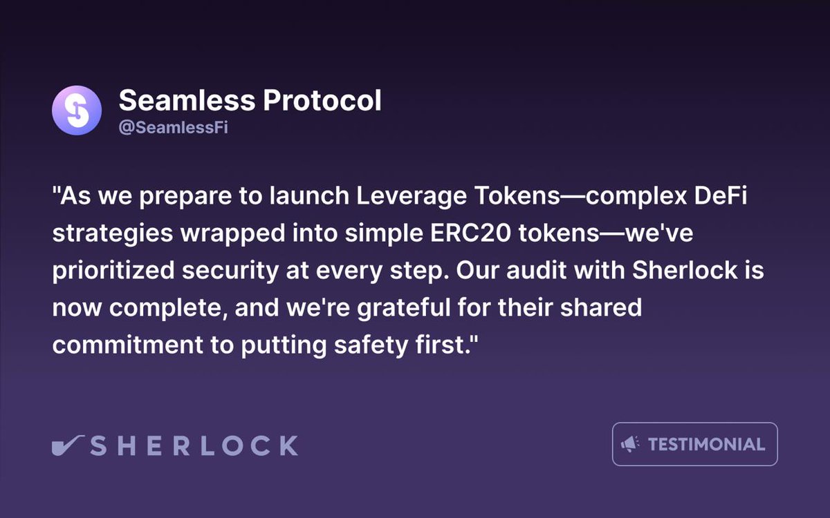 📣 Sherlock is excited to announce that the smart contract security assessment is complete for <a href="/SeamlessFi/">Seamless Protocol</a>. 

We at Sherlock are proud to have played a small part in helping Seamless expand their robust DeFi product. It's always great to work with teams who truly prioritize