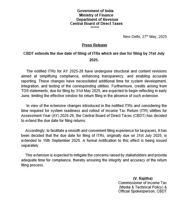 UpendrraRai's tweet image. #CBDT has decided to extend the due date of filing of #ITRs, which are due for filing by 31st July 2025, to 15th September 2025

This extension will provide more time due to significant revisions in ITR forms, system development needs, and #TDS credit reflections. This ensures a…