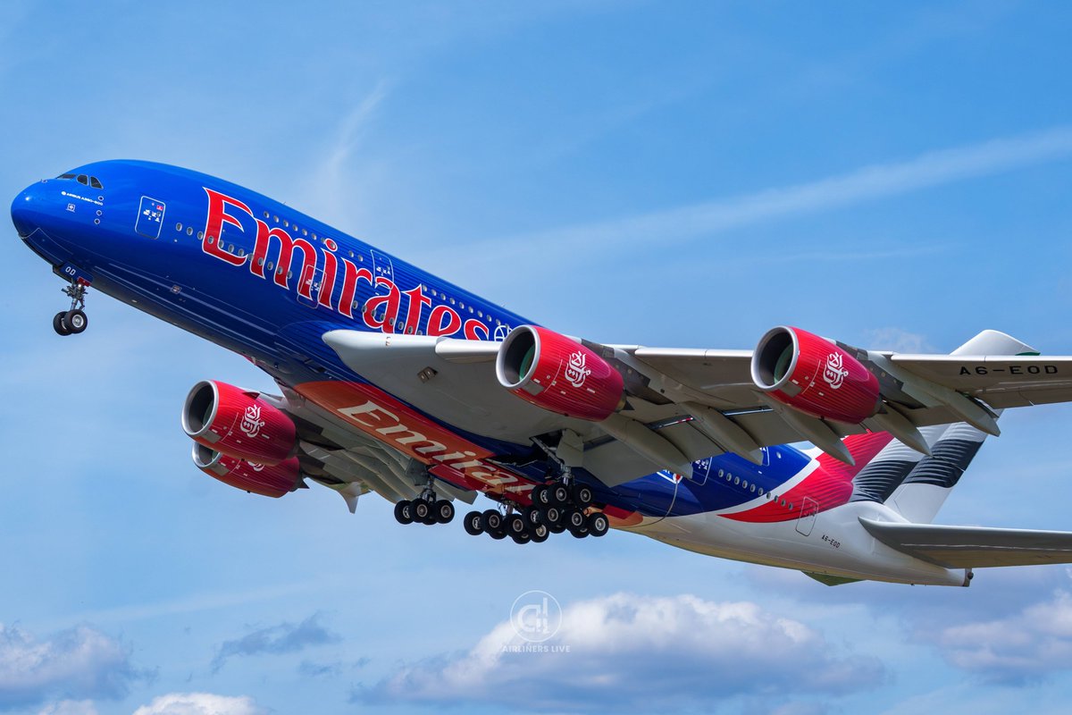 What a beautiful livery on the <a href="/emirates/">Emirates</a> NBA A380! We were glad to photograph it departing <a href="/manairport/">Manchester Airport</a> in some beautiful conditions!