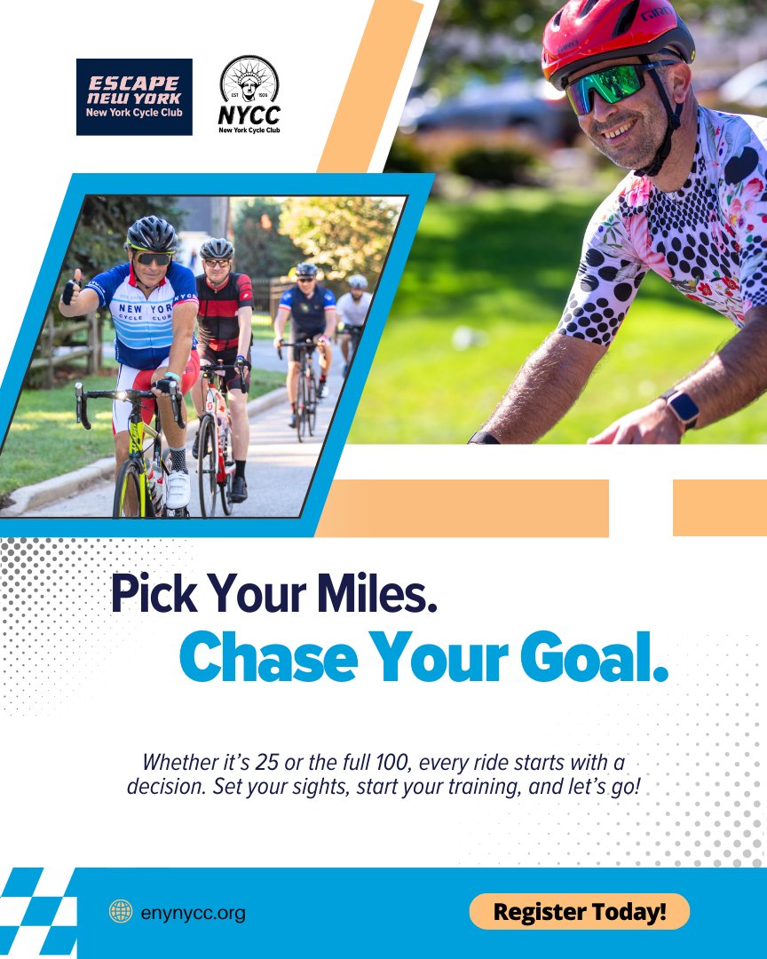Start small, build big! Set your cycling goal now—25, 50, 75, or 100 miles—and let the training begin! Use code ENYSOCIAL for $30 off registration and receive a year's membership to NYCC bit.ly/4hYCTl4  Please Share! #GoalGetter