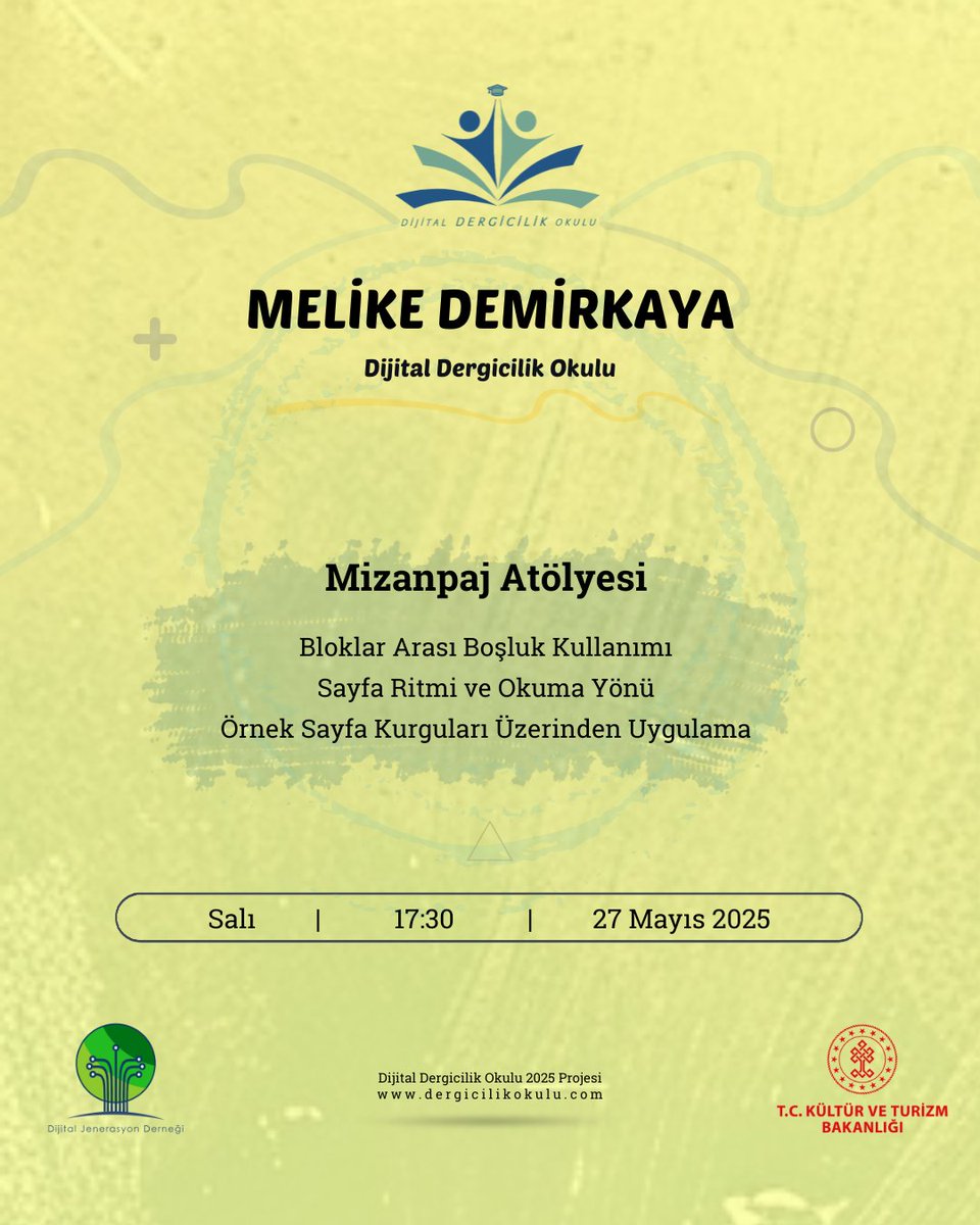 Melike Demirkaya ile Mizanpaj Atölyesi dersimizle;

Bloklar Arası Boşluk Kullanımı
Sayfa Ritmi ve Okuma Yönü
Örnek Sayfa Kurguları Üzerinden Uygulama

📅 27 Mayıs 2025, Salı
🕘 17:30
🚩 Dijital Dergicilik Okulu