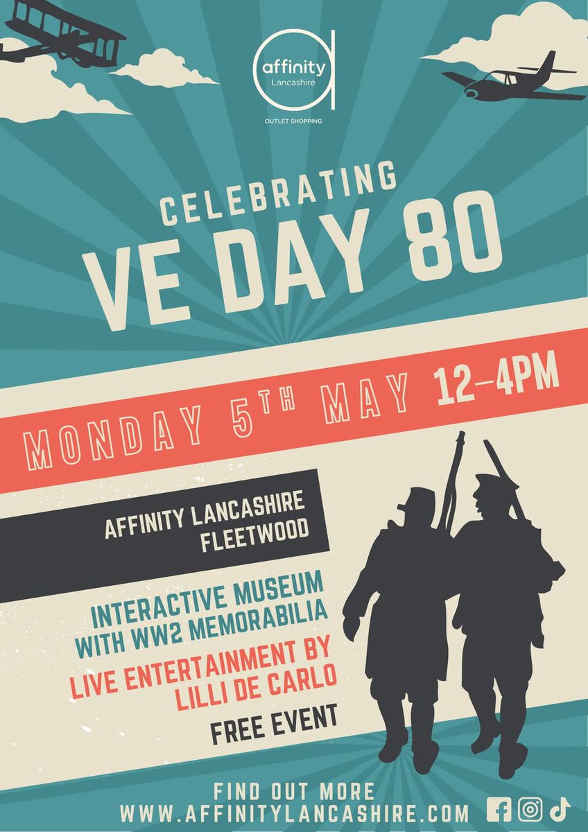 AffinityLancs's tweet photo. We've got a jam packed May Bank Holiday weekend here at Affinity Lancashire.

On Monday 5th May we're celebrating VE Day 80 with our interactive museum, WW2 memorabilia and LIVE entertainment by singer Lilli De Carlo. It's all happening right here in Fleetwood between 12 and 4pm. https://t.co/JXFXvn39GK