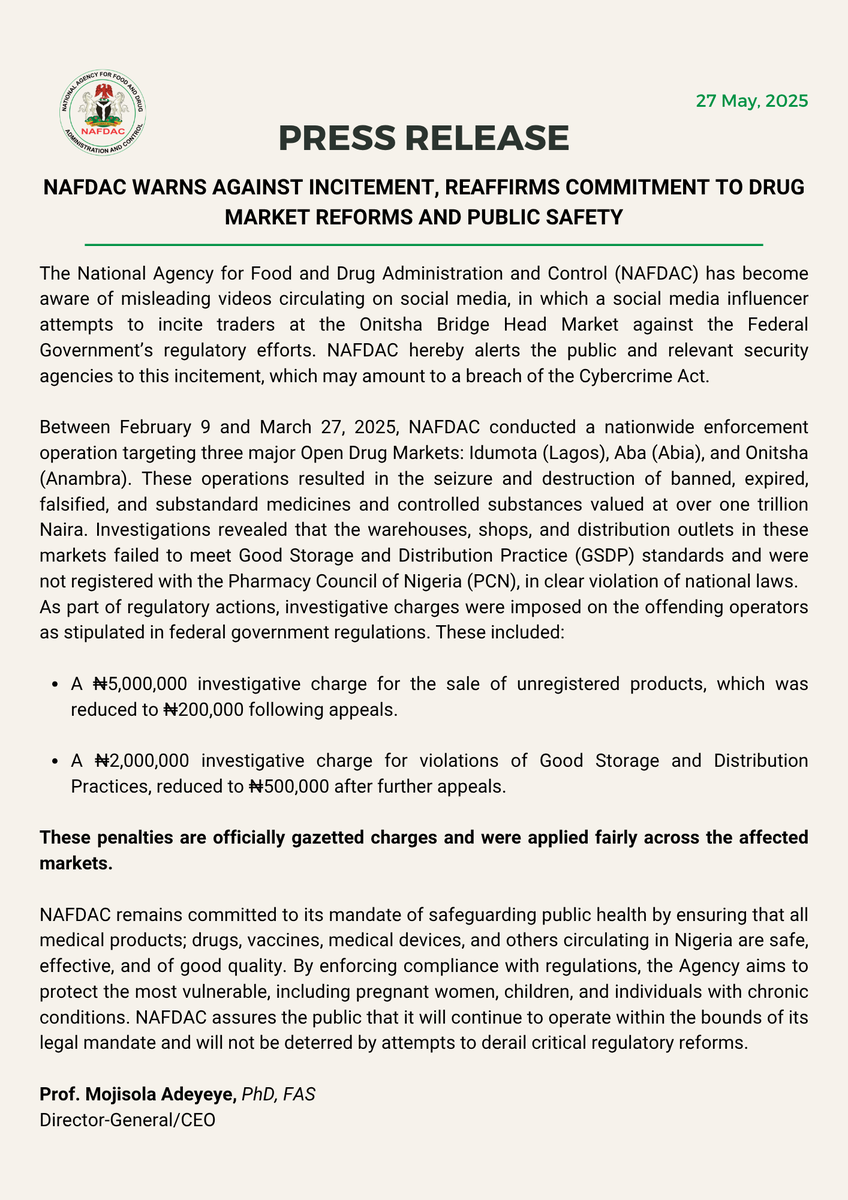 📢 NAFDAC Warns Against Incitement, Reaffirms Commitment to Drug Market Reforms and Public Safety