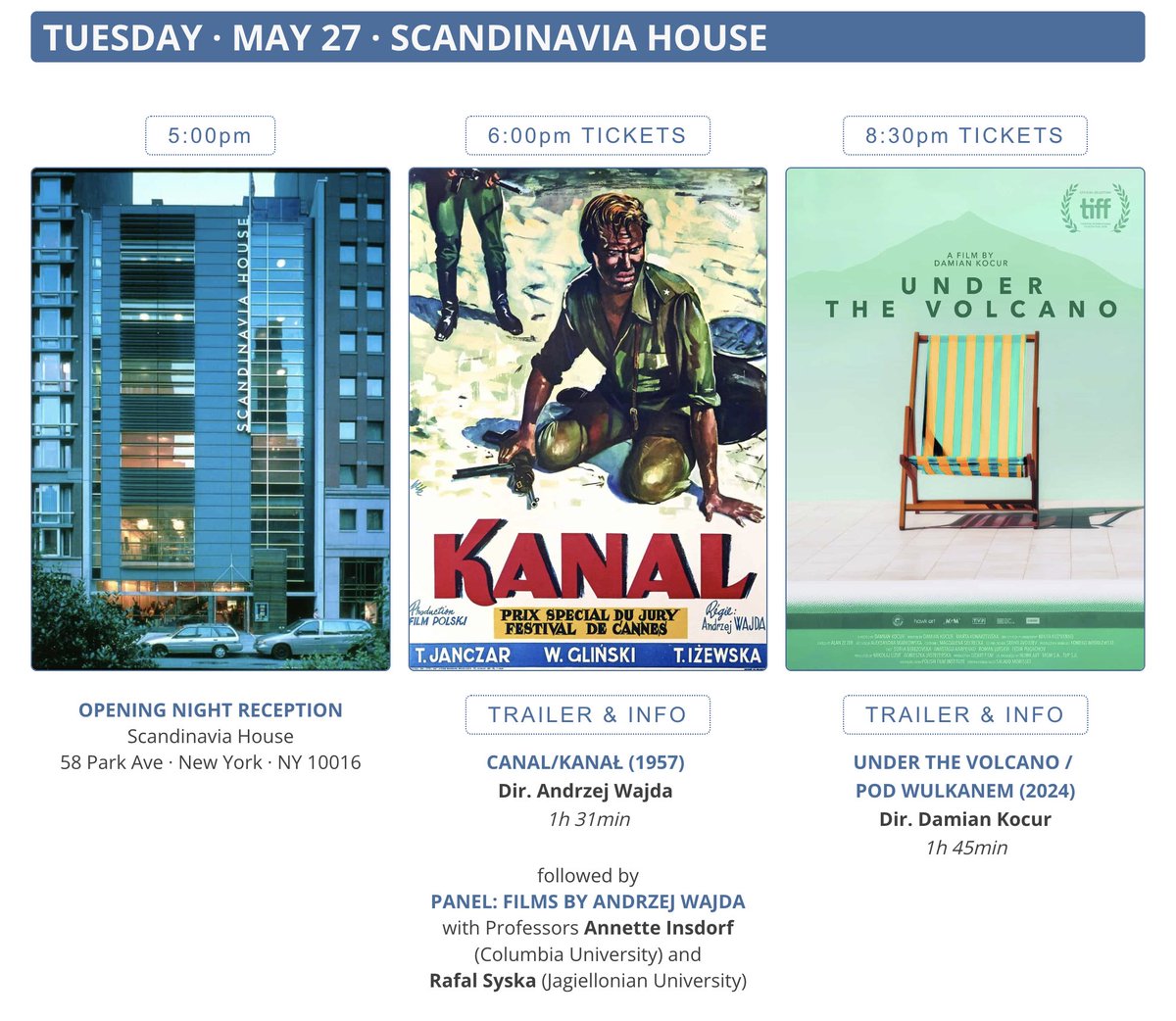 🎬 #NYPFF2025 starts TODAY!
🎉 5:00 PM – OPENING RECEPTION
🕠 6:00 PM – KANAŁ (1957) 
🎤 7:15 PM – Panel: Films by Andrzej Wajda
     with Prof. Annette Insdorf &amp; Prof. Rafał Syska
🎞 8:30 PM – UNDER THE VOLCANO (2024) by Damian Kocur
🎟 vist.ly/3n5dhtb