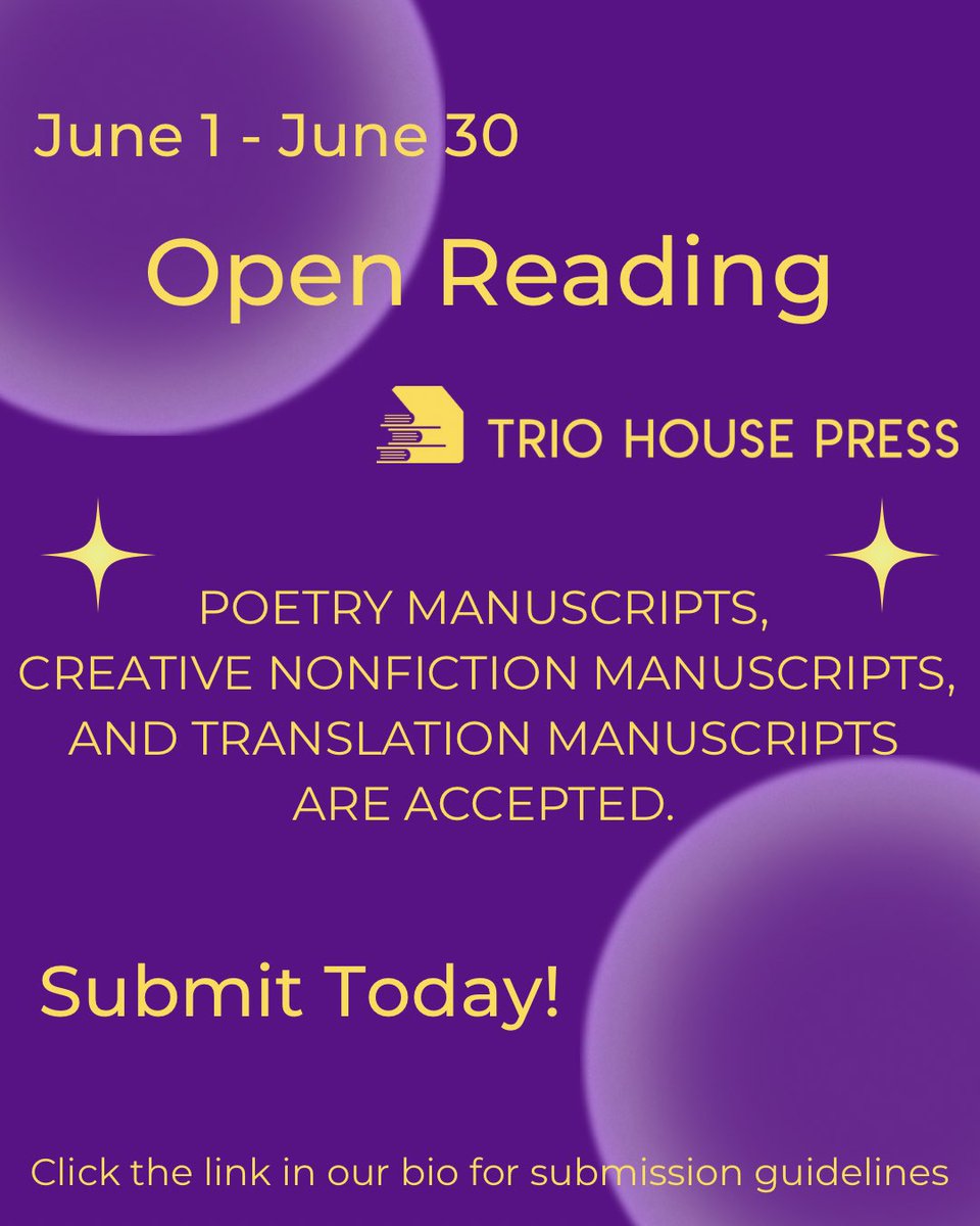 triohousepress's tweet image. Send us your manuscript during our June Open Reading, 6/1-6/30! Free submissions for those who earn 50K or less; $25 fee for those who earn more. Read full guidelines here: triohousepress.submittable.com/submit