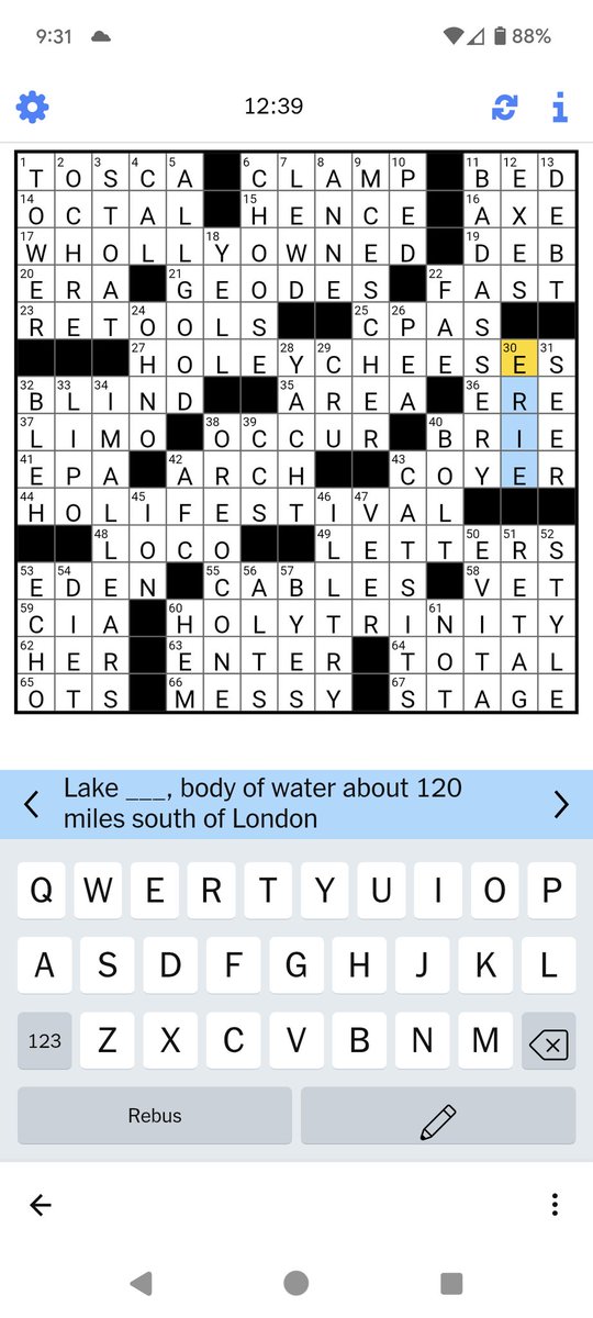 pikafarad's tweet photo. @NYTGames I don't know if this is the right forum for this, but I think there's a factual error/typo on 30 down: Lake Erie is about 20 miles south of London; 120 miles south of London is near Akron https://t.co/EqrOL4Miek