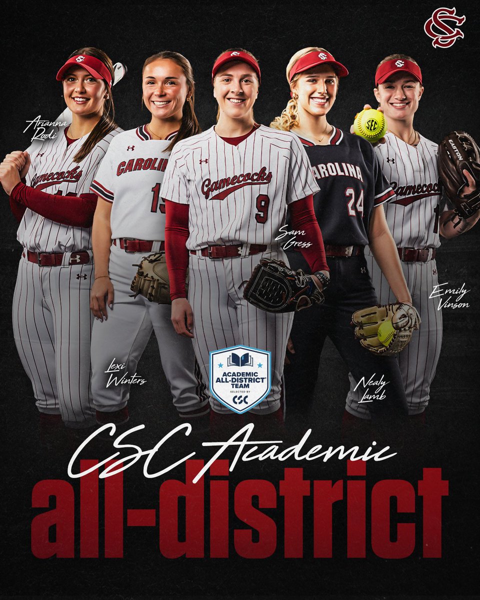 Gamecock Softball (@gamecocksoftbll) on Twitter photo Congrats <a href="/samgress_/">sam gress</a>, <a href="/eavinson3/">emily vinson</a>, <a href="/RodiArianna/">Arianna Rodi</a>, <a href="/lexiwinters15/">Lexi Winters</a>, and <a href="/nealylamb/">nealy lamb</a> on being named to the <a href="/CollSportsComm/">College Sports Communicators</a> Academic All-District Team!
📰 gamecocksonline.com/news/2025/05/2… Congrats <a href="/samgress_/">sam gress</a>, <a href="/eavinson3/">emily vinson</a>, <a href="/RodiArianna/">Arianna Rodi</a>, <a href="/lexiwinters15/">Lexi Winters</a>, and <a href="/nealylamb/">nealy lamb</a> on being named to the <a href="/CollSportsComm/">College Sports Communicators</a> Academic All-District Team!
📰 gamecocksonline.com/news/2025/05/2…
