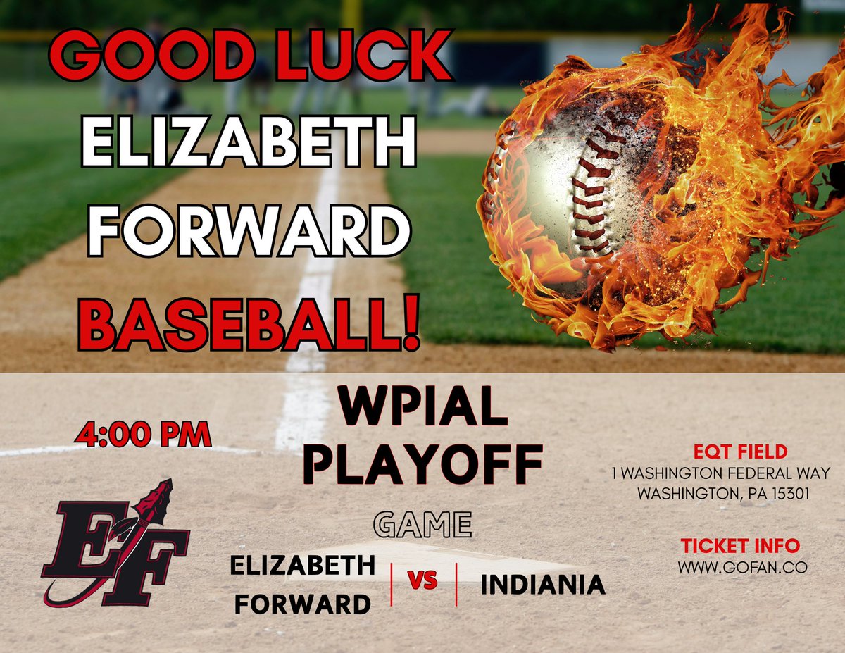 Good luck in the game today EF Baseball! The main box office and right-field entrances will be open at 12:00 pm.  All tickets are GENERAL ADMISSION - $10. Tickets also be available at:  gofan.co #WarriorPride #gowarrior #Playoffs