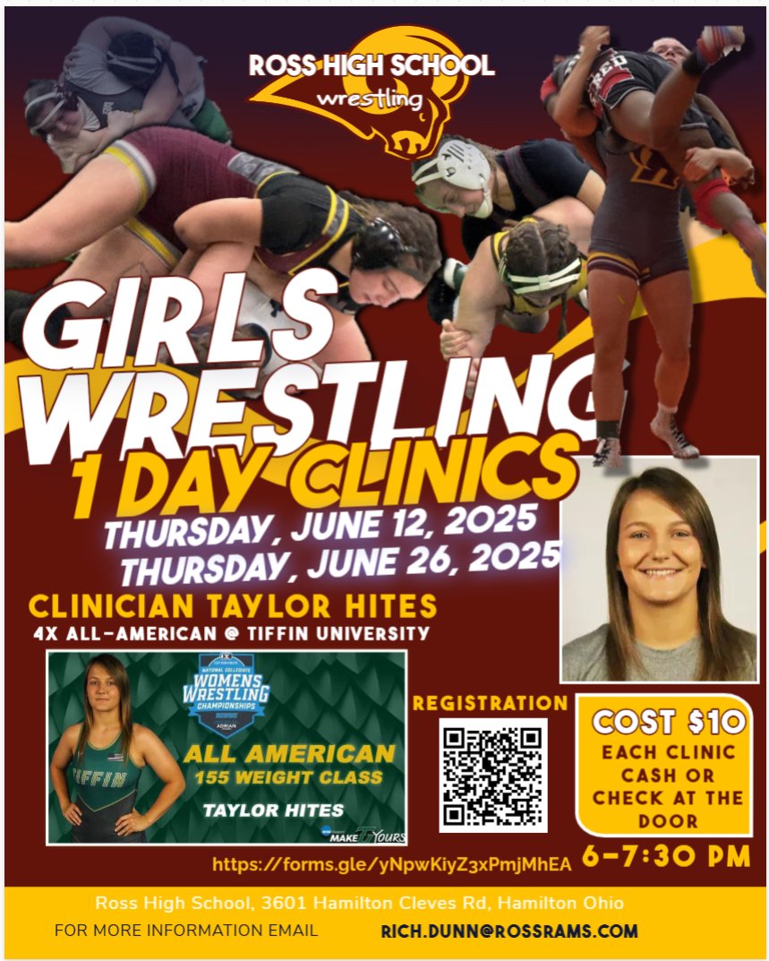 RHS Wrestling GIRLS Camp Session #1 &amp; #2 for 7-12 grade girls 
June 12 &amp; 26, 6-7:30pm     
$10 Cash each session /Check 
Clinician: Taylor Hites 4x All American @ Tiffin University
Register: forms.gle/yNpwKiyZ3xPmjM……
<a href="/RossWrestling/">Ross Rams Wrestling</a> <a href="/ross_wrestling/">Ross Community Wrestling</a>