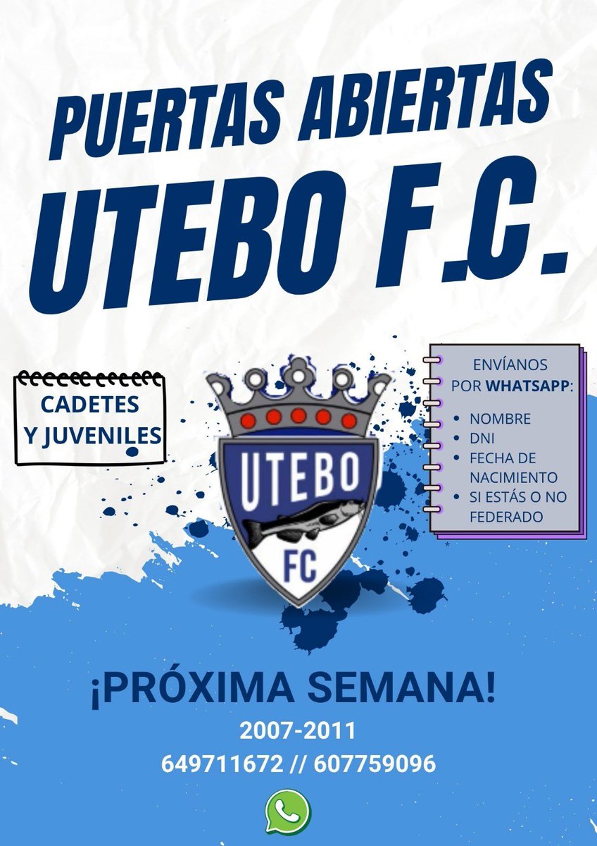 🐟 PUERTAS ABIERTAS

💙 Quieres jugar en el Utebo FC?, seguimos con  las jornadas de puertas abiertas, esta vez etapa Cadete y Juvenil

🗓️Desde 2007 hasta 2011

#ADNBarbo
#UteboFC
#UteboEsCantera
