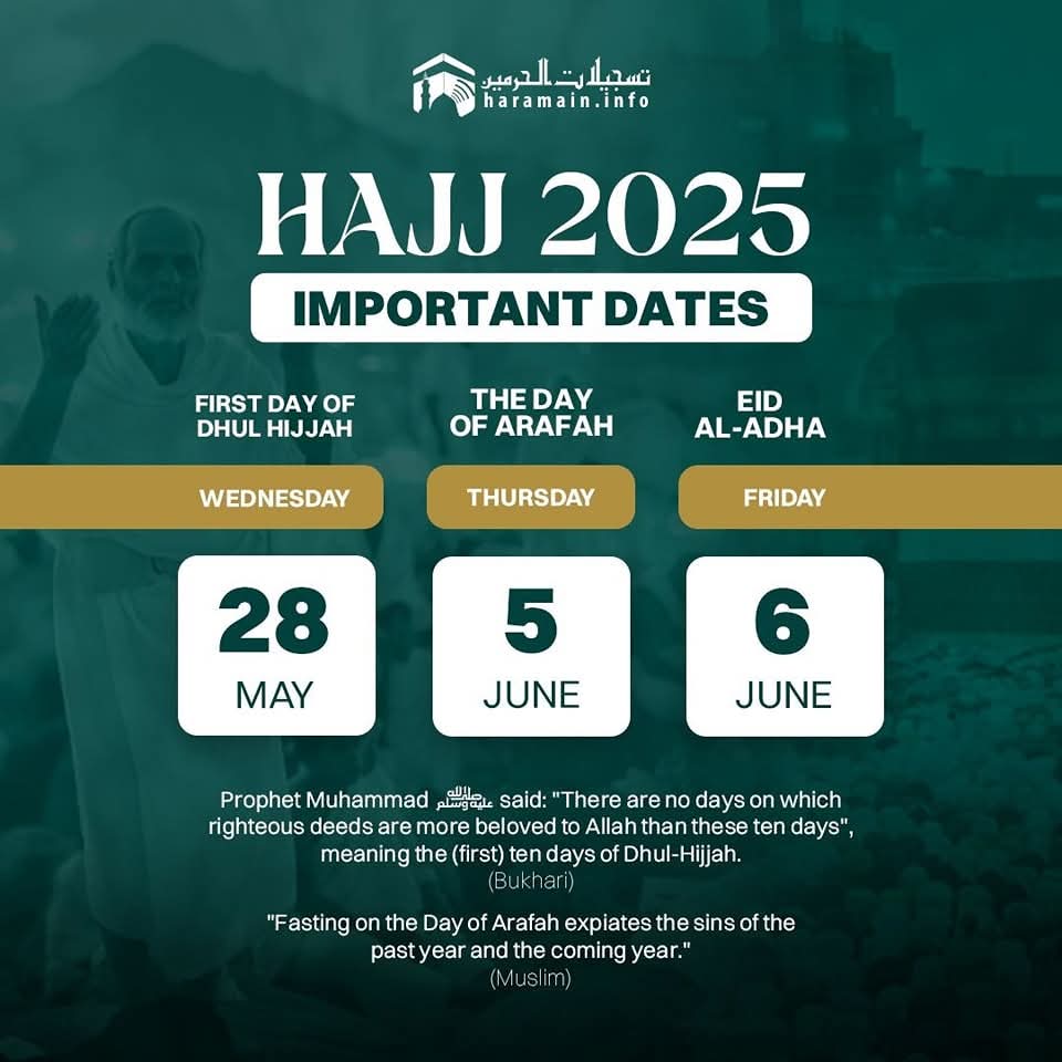 The crescent moon has been sighted in Saudi Arabia — Dhul Hijjah 1446 begins tonight.

Day of ‘Arafah: Thurs 5 June 2025
Eid Al-Adha: Fri 6 June 2025

May Allāh accept the Hajj of the Hujjaj and our worship and allow us to make the most of these blessed days, Aameen.