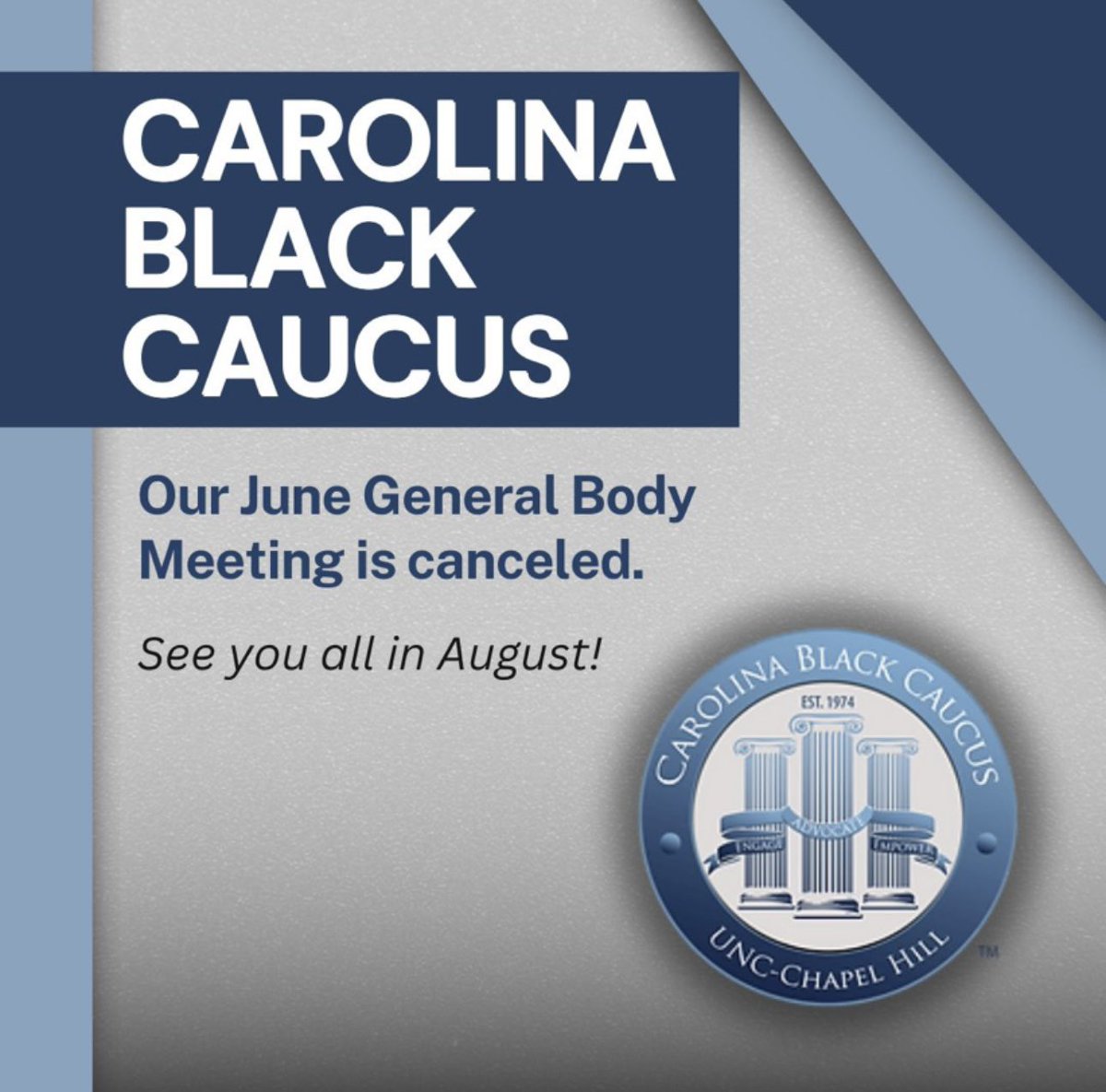 Dear CBC Family, 

Our General Body meeting is canceled for June 18th, however, would love to see you that evening at the CBC End of Year Juneteenth Social from 4-6pm at ALOFT Hotel. More details to come. 😊