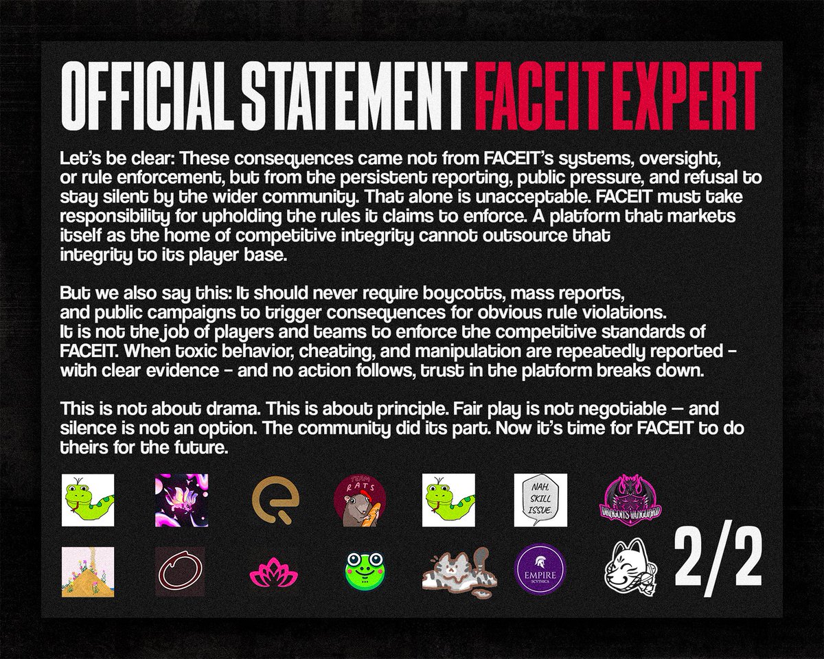 EMPR_OW's tweet image. We stand for integrity in esports. We call on @FACEIT_OW to take responsibility for upholding its own rules. We join this call not out of rivalry, but responsibility. Competitive integrity depends on action, not inaction.
@PlayOverwatch @ESIC_official
Please Read.