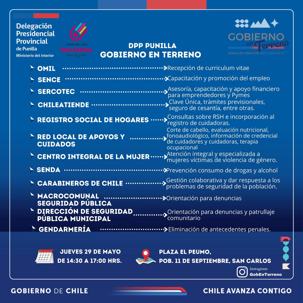 Delegación Presidencial Provincial de Punilla (@dpppunilla) on Twitter photo ✅Con el propósito de descentralizar los servicios públicos y acercarlos a nuestra comunidad, este jueves 29 de mayo realizaremos un Gobierno en Terreno <a href="/Gobenterreno/">Gobierno en Terreno</a> en la comuna de #SanCarlos.
¡Te esperamos! ✅Con el propósito de descentralizar los servicios públicos y acercarlos a nuestra comunidad, este jueves 29 de mayo realizaremos un Gobierno en Terreno <a href="/Gobenterreno/">Gobierno en Terreno</a> en la comuna de #SanCarlos.
¡Te esperamos!