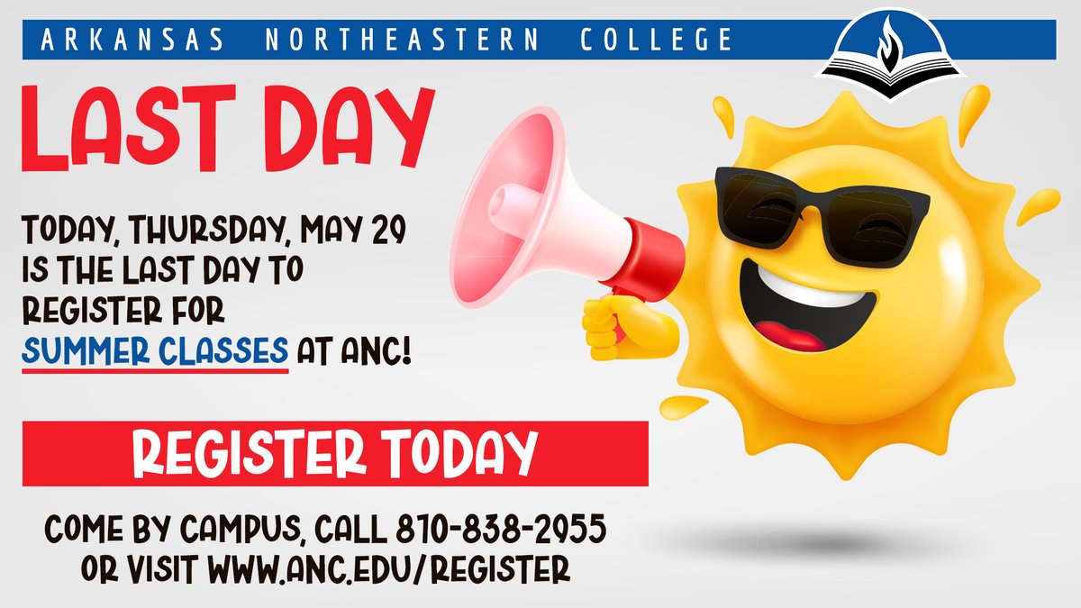 🚨 It's now or never! TODAY is the LAST DAY to register for summer classes at ANC!
📍Stop by campus
📞Call 870-838-2955
🌐anc.edu/register
Make it happen! #BeASun