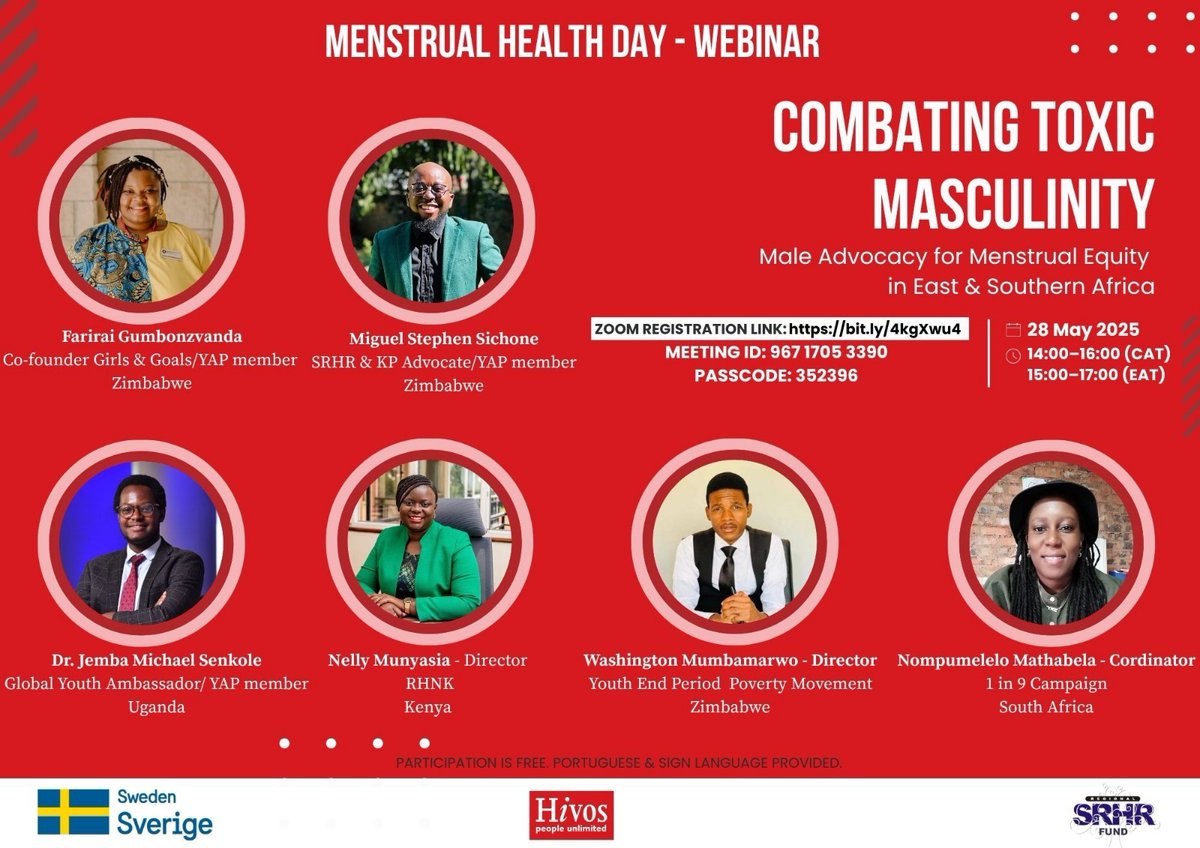 Youth End Period Poverty Movement (@youthendppmov) on Twitter photo 📍Join us tomorrow for the <a href="/CafeSRHR/">Regional SRHR Fund</a> #MHDay2025 Webinar: "Combating Toxic Masculinity: Male Advocacy for Menstrual Equity in East & Southern Africa" Our Executive Director will join experts from 🇺🇬🇰🇪🇿🇼🇿🇦
đź—“ 28 May 2025 | đź•’ 1400hrs CAT
🔗 Register: hivos.zoom.us/j/96717053390?… 📍Join us tomorrow for the <a href="/CafeSRHR/">Regional SRHR Fund</a> #MHDay2025 Webinar: "Combating Toxic Masculinity: Male Advocacy for Menstrual Equity in East & Southern Africa" Our Executive Director will join experts from 🇺🇬🇰🇪🇿🇼🇿🇦
đź—“ 28 May 2025 | đź•’ 1400hrs CAT
🔗 Register: hivos.zoom.us/j/96717053390?…