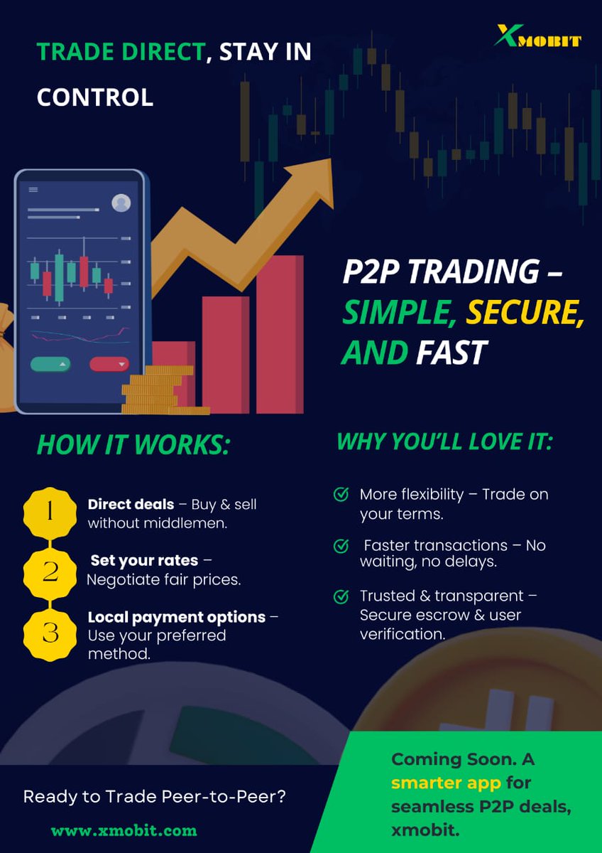 Trade Direct, Stay in Control!
No middlemen. Set your rates. Fast &amp; secure P2P trading.  
The future of fair deals is here, coming soon with XMOBIT

#P2PTrading #xmobit