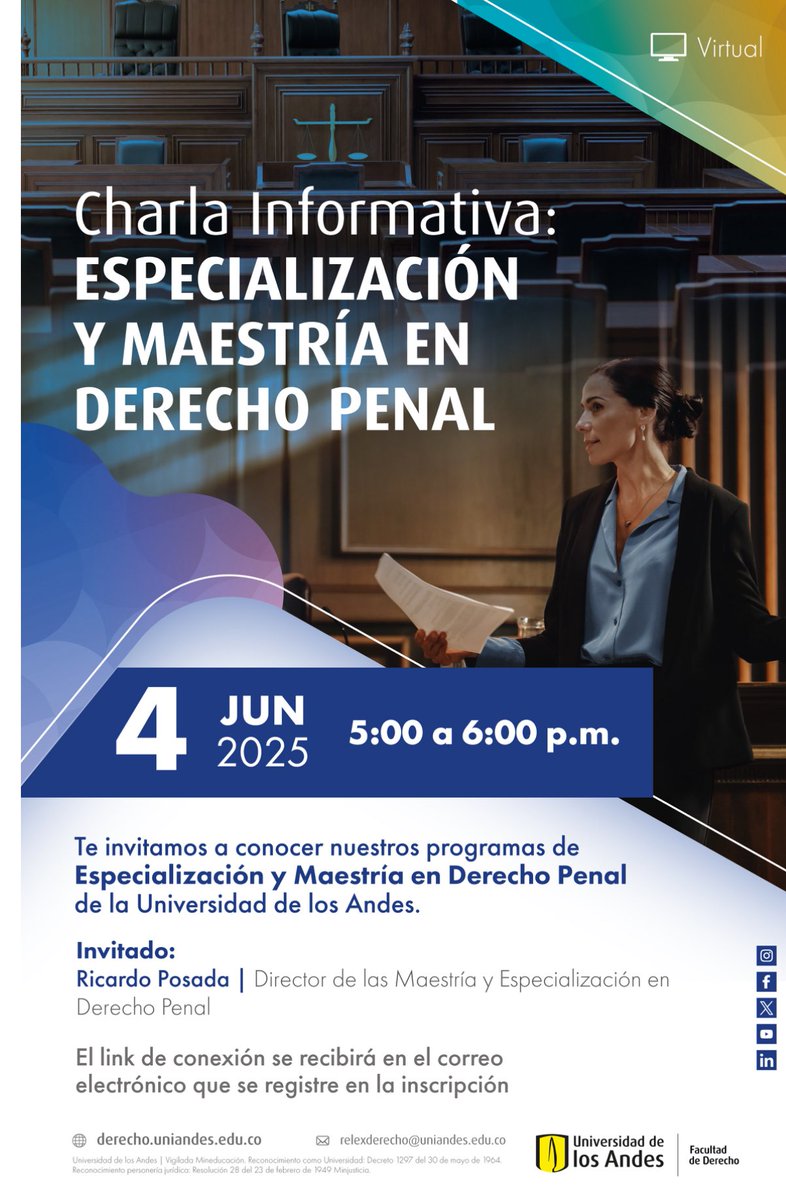 Quiero invitarlos a la última charla informativa sobre la especialización y maestría en Derecho penal de <a href="/UniandesDerecho/">UniandesDerecho</a> @uniandes el próximo 4 de junio. Aprovecha esta magnífica oportunidad para tu futuro.

derecho.uniandes.edu.co/eventos/charla…