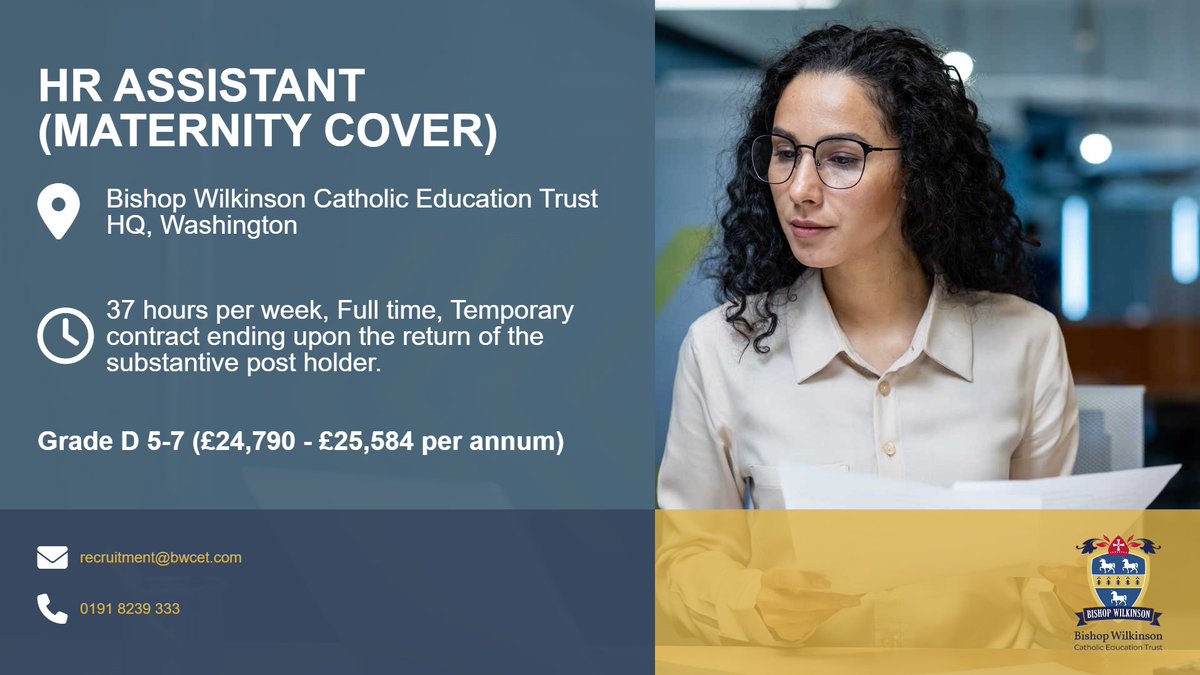 We have an exciting opportunity for an HR assistant to join the Human Resources team at Bishop Wilkinson Catholic Education Trust as soon as possible. 

Apply now - northeastjobs.org.uk/job/HR_Assista…