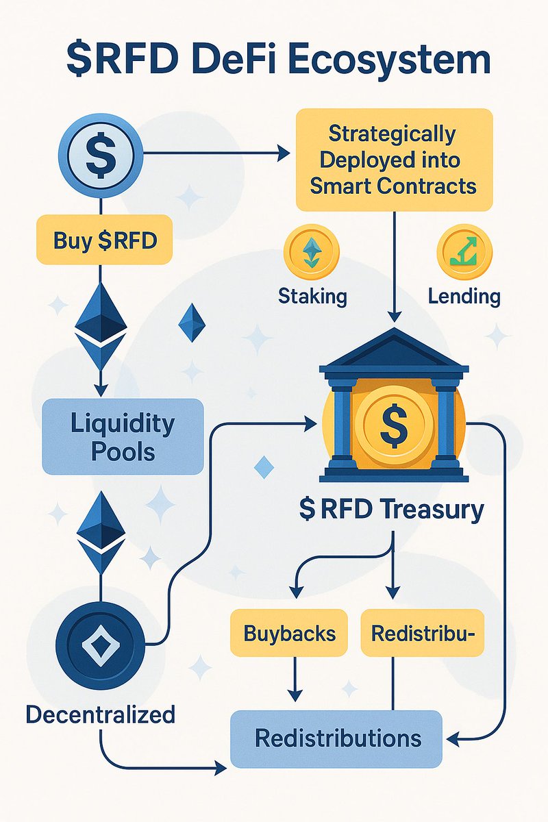 suremohsen's tweet image. Liquidity Architecture, Treasury Strategy, and the Dual Nature of $RFD

An interpretative overview of how the $RFD ecosystem might function at a foundational level:

Each purchase increases the $ETH liquidity in the RFD/ETH pool, with a substantial portion of this ETH redirected…