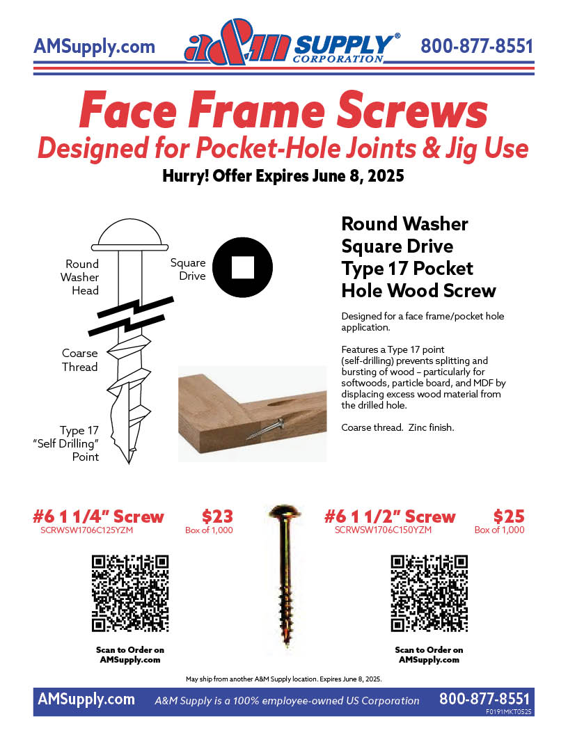 Don't forget the Face Frame Screw deal at A&amp;M Supply! - eepurl.com/jfKwlc