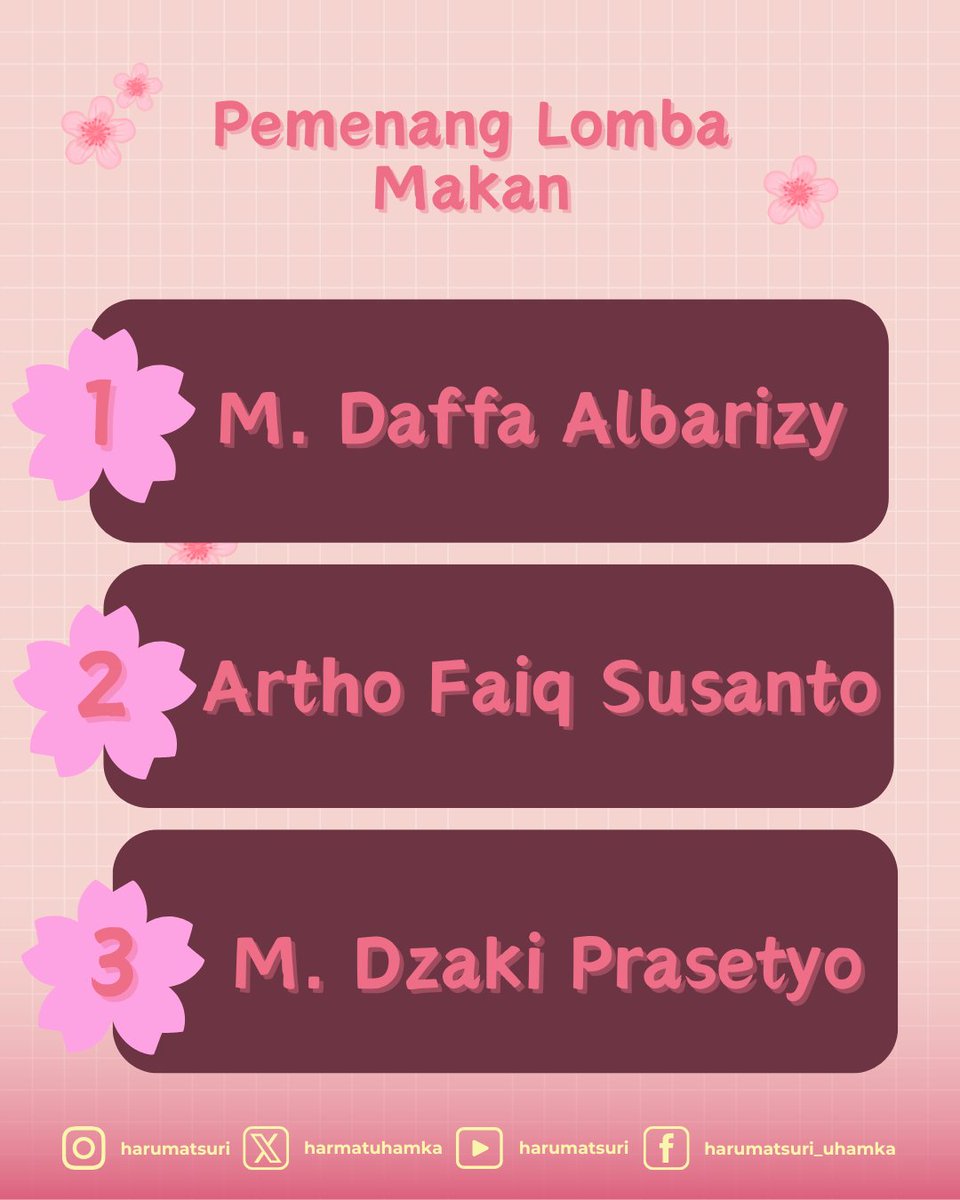 ✨Pemenang Lomba✨

Selamat kepada Minnasan yang menjadi juaraa🙌🏻 tetap rendah hati dan terus berkembang seperti sakura hihii

Terima kasih kepada minnasan yang sudah berpartisipasi di lomba Harumatsuri 19, kalian semua keren-keren🤩🌸
--------------------------------------------