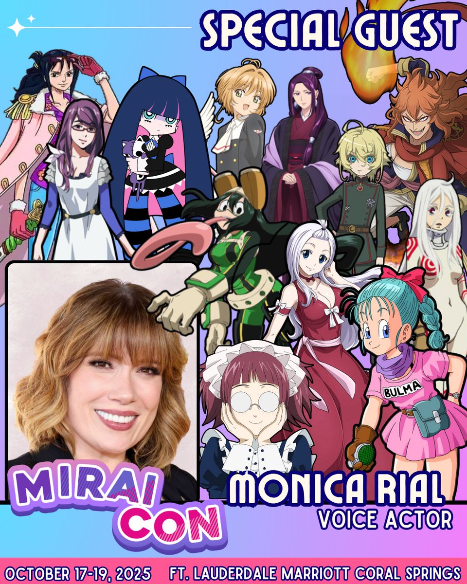 Guess who’s hopping to #MiraiCon2025?
It’s voice acting royalty: Monica Rial!

She’s the voice behind:
🐉 Bulma (Dragon Ball)
🐸 Froppy (My Hero Academia)
🍰 Stocking (P\&amp;S)
⭐️ Mirajane (Fairy Tail)
…and so many more!

Meet her at:
📸 Photo Ops
✒️ Autographs
🎤 Hilarious Panels