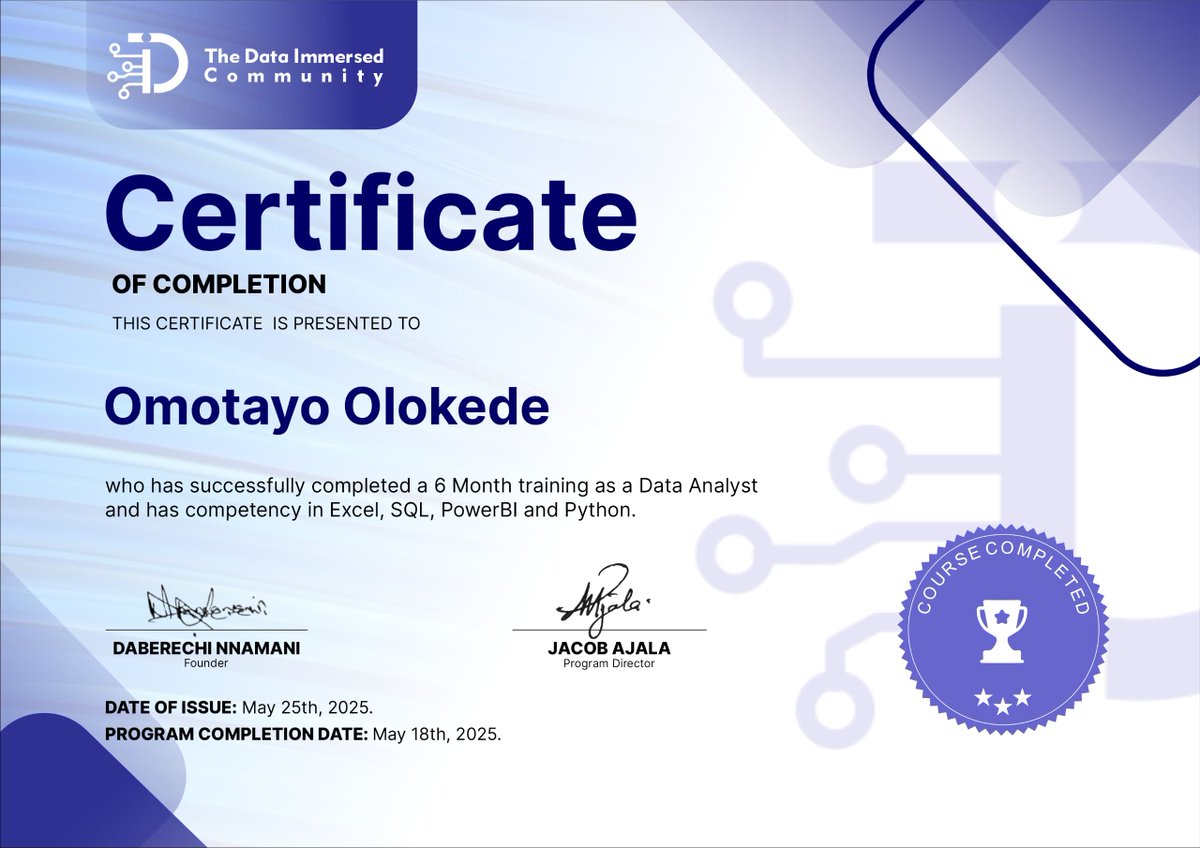 Omotayo Olokede (@iamkolotayo) on Twitter photo 6 months ago, I took a bold step to deepen my understanding of data.
Today, I'm proud to share that I’ve officially completed a 6-month intensive training with <a href="/TDataImmersed/">The Data Immersed</a> Community!
A heartfelt thank you to my instructors, peers, and the entire community
Thank you Jesus 6 months ago, I took a bold step to deepen my understanding of data.
Today, I'm proud to share that I’ve officially completed a 6-month intensive training with <a href="/TDataImmersed/">The Data Immersed</a> Community!
A heartfelt thank you to my instructors, peers, and the entire community
Thank you Jesus