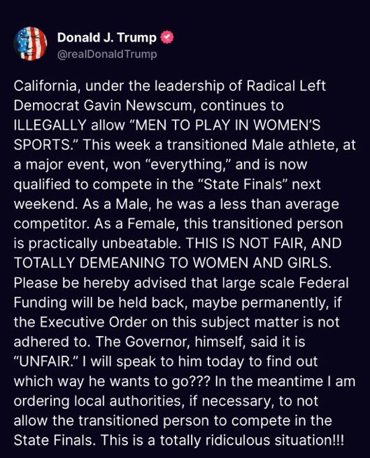 DerrickEvans4WV's tweet photo. 🚨BREAKING: President Trump threatens to WITHHOLD FEDERAL FUNDING to California for allowing boys to compete in girl’s track.

This is the way. I voted for this. https://t.co/2OjiOAxFtf