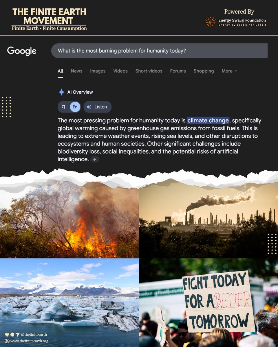 Energy_Swaraj's tweet image. Even @Google knows it now! But when will we realise it? 

Climate change is the biggest threat humanity faces today

WE MUST ACT NOW, NOT TOMORROW.

Register: thefiniteearth.org 

#ClimateCorrection #TheFiniteEarth #EnergySwaraj