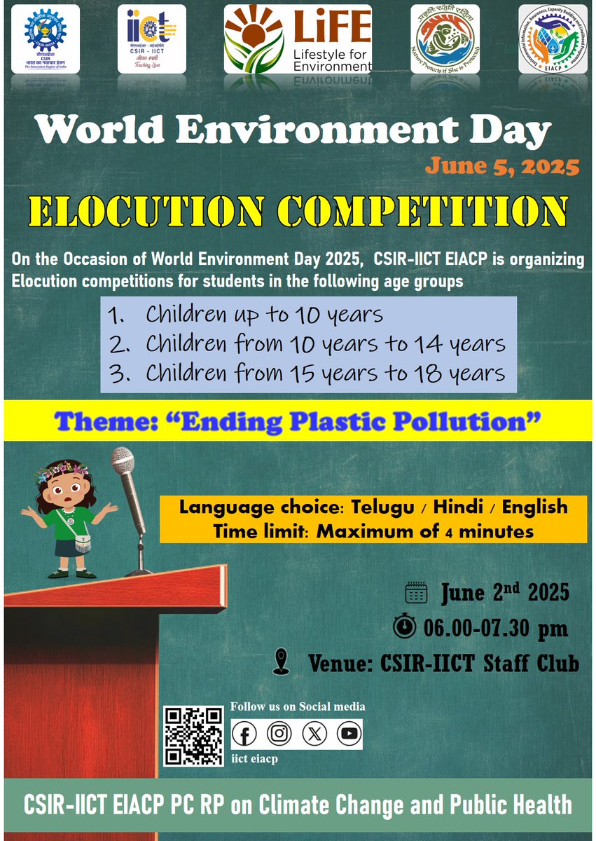 IICT_EIACP's tweet photo. Join us this #WorldEnvironmentDay 2025 to celebrate with words and ideas! @IICT_EIACP is hosting an Elocution Competition to inspire action and awareness on the theme: "Ending Plastic Pollution" Let your voice make a difference as you share your thoughts for a plastic-free future https://t.co/pbBAqNFNUr