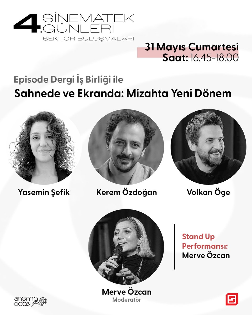 Episode Dergi (@episodedergi) on Twitter photo 4. Sinematek: Sektör Buluşmaları, 31 Mayıs-1 Haziran tarihlerinde #BizBize temasıyla yapılacak.
Episode Dergi işbirliğiyle düzenlenen "Sahnede ve Ekranda: Mizahta Yeni Dönem" başlıklı panelde <a href="/yaseminsefik/">Yasemin Şefik</a> , Kerem Özdoğan ve Volkan Öge konuşmacı olacak. 4. Sinematek: Sektör Buluşmaları, 31 Mayıs-1 Haziran tarihlerinde #BizBize temasıyla yapılacak.
Episode Dergi işbirliğiyle düzenlenen "Sahnede ve Ekranda: Mizahta Yeni Dönem" başlıklı panelde <a href="/yaseminsefik/">Yasemin Şefik</a> , Kerem Özdoğan ve Volkan Öge konuşmacı olacak.