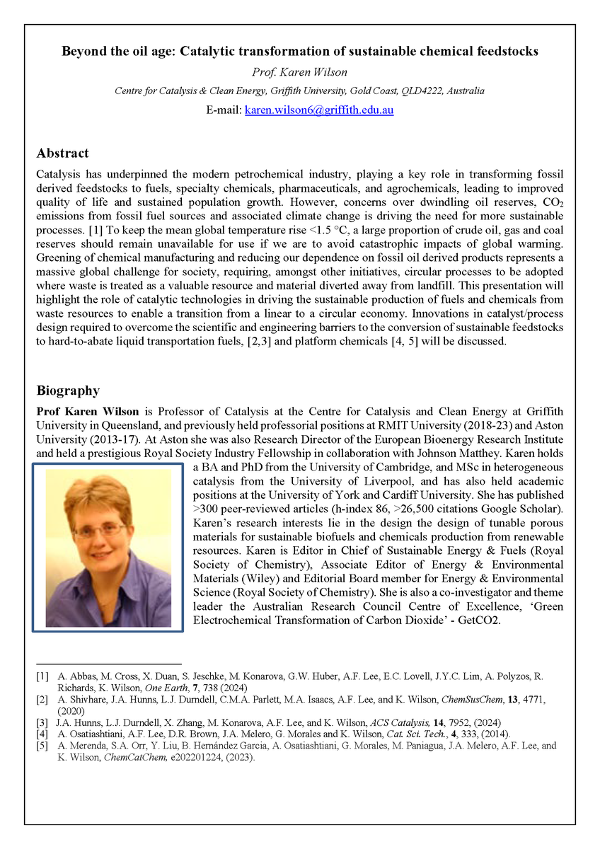 Seminar on Thursday, May 29 at 2:30 pm in Goessmann 153:

"Beyond the oil age: Catalytic transformation of sustainable chemical feedstocks"

Prof. Karen Wilson
Griffith University, Gold Coast, Australia

Host:  Friederike Jentoft