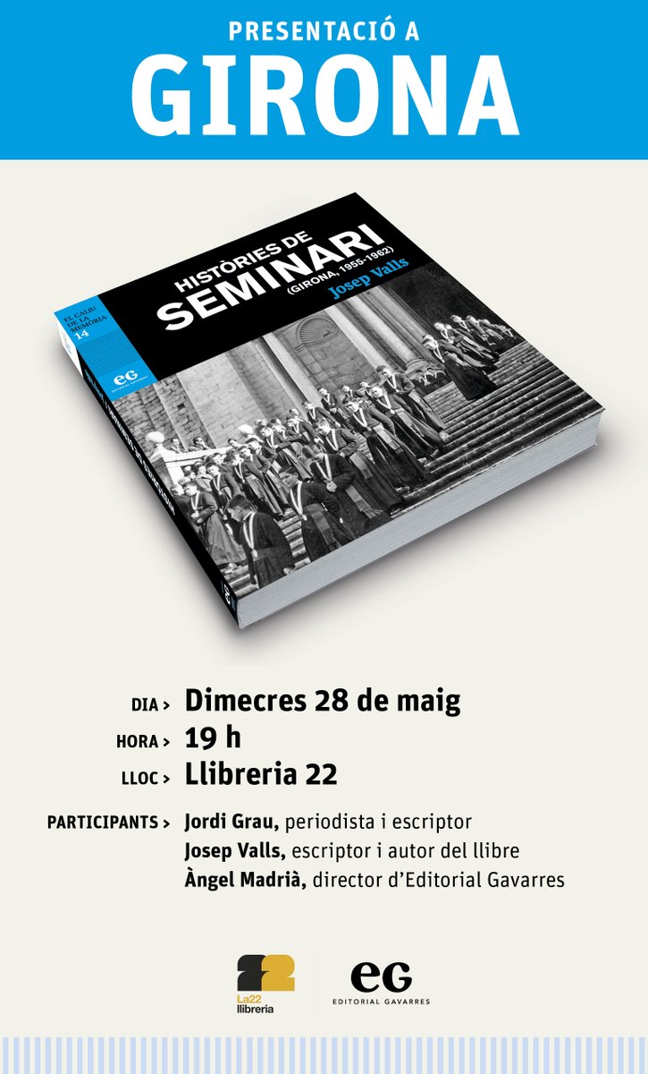 Grup Gavarres (@grupgavarres) on Twitter photo 📍 Demà l'escriptor Josep Valls conversarà amb <a href="/jordigraur/">Jordi Grau Ramió</a> a la <a href="/LLIBRERIA22/">LLIBRERIA 22</a> sobre la seva experiència reculada al seminari de Girona, uns records de portes endins. Plegats, ens transportarem cap a un món desconegut i difícil d'entendre per a qui no l'ha viscut personalment. 📍 Demà l'escriptor Josep Valls conversarà amb <a href="/jordigraur/">Jordi Grau Ramió</a> a la <a href="/LLIBRERIA22/">LLIBRERIA 22</a> sobre la seva experiència reculada al seminari de Girona, uns records de portes endins. Plegats, ens transportarem cap a un món desconegut i difícil d'entendre per a qui no l'ha viscut personalment.