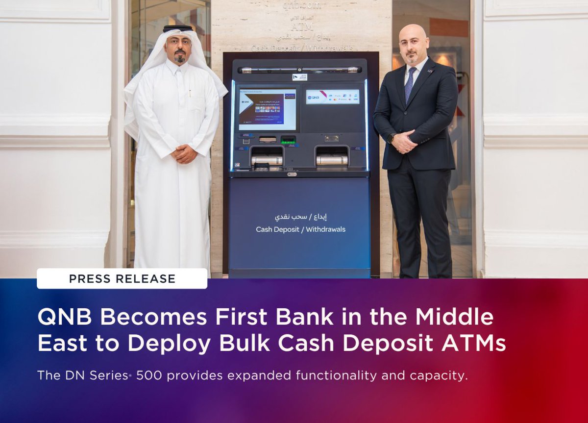 QNB Group is the first in the Middle East to deploy DN Series® 500 cash recyclers. These advanced machines allow QNB customers to deposit cash bundles of up to 300 notes and up to 30 checks simultaneously, complete with counterfeit detection capabilities. dbdnx.co/4dK4q8H