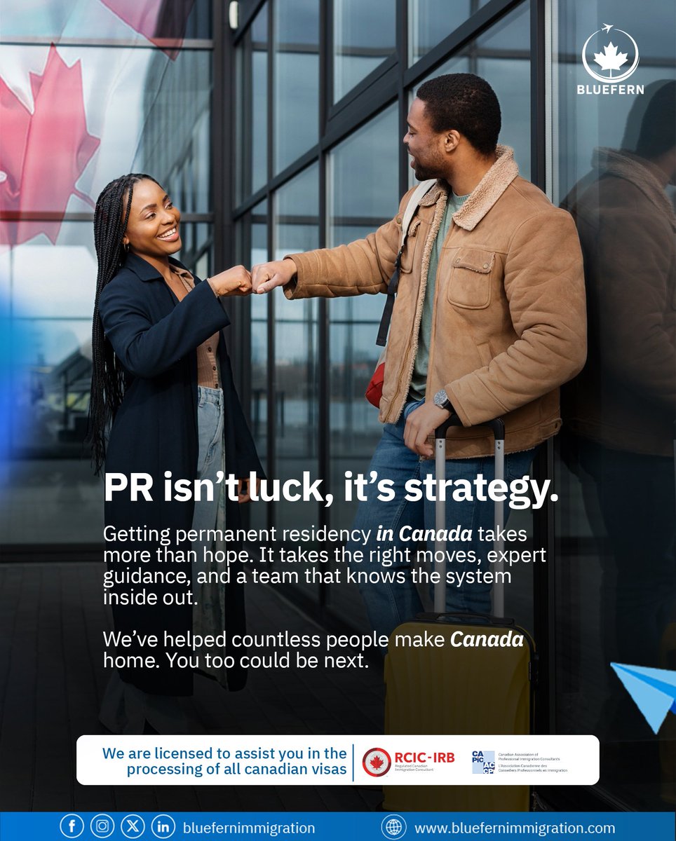 Bluefernimm01's tweet photo. Canada 🇨🇦 PR? It’s not luck. It’s strategy.
We’ve helped many get there legally, you could be next.
Let’s make your move to Canada 🍁 the smart way.
Send a DM 📩 or visit our website https://t.co/zMSYbvjbY5
#CanadaPR #ImmigrationTips #BlueFernImmigration #VisaJourney https://t.co/fo7mie6rdm