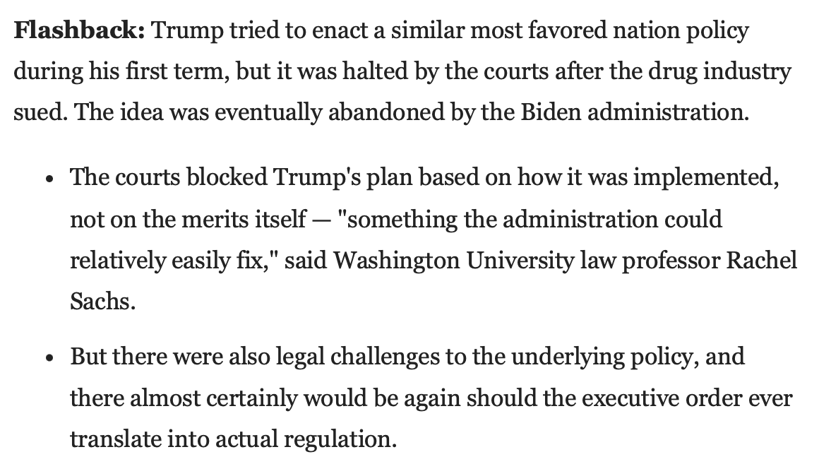 ben_ippolito's tweet image. A reminder that we never saw the full legal challenge to the Trump admin's Most Favored Nation pricing play out last time.
Hammering the prices of the next negotiated drugs--including Ozempic--seems likely to become an appealing and much easier option (if less expansive)