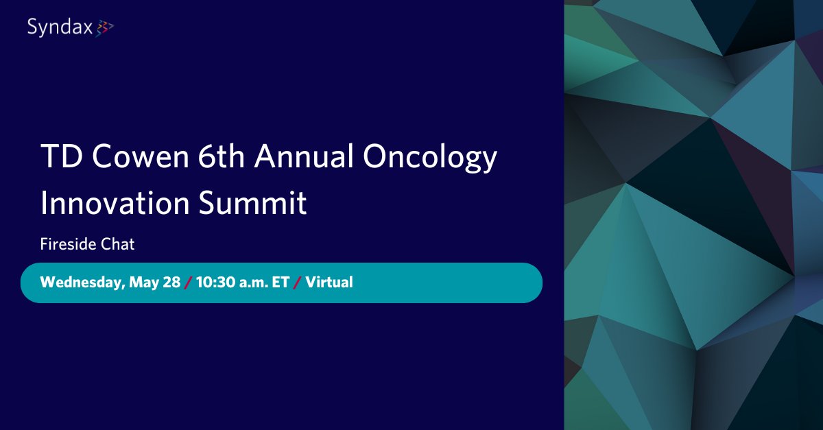 #HappeningSoon: Join members of Syndax management for a virtual fireside chat during the TD Cowen 6th Annual Oncology Innovation Summit tomorrow, May 28 at 10:30 a.m. ET.

Discover our commitment to reimagining cancer care by accessing the link below: 
bit.ly/3ZDtvMC

A