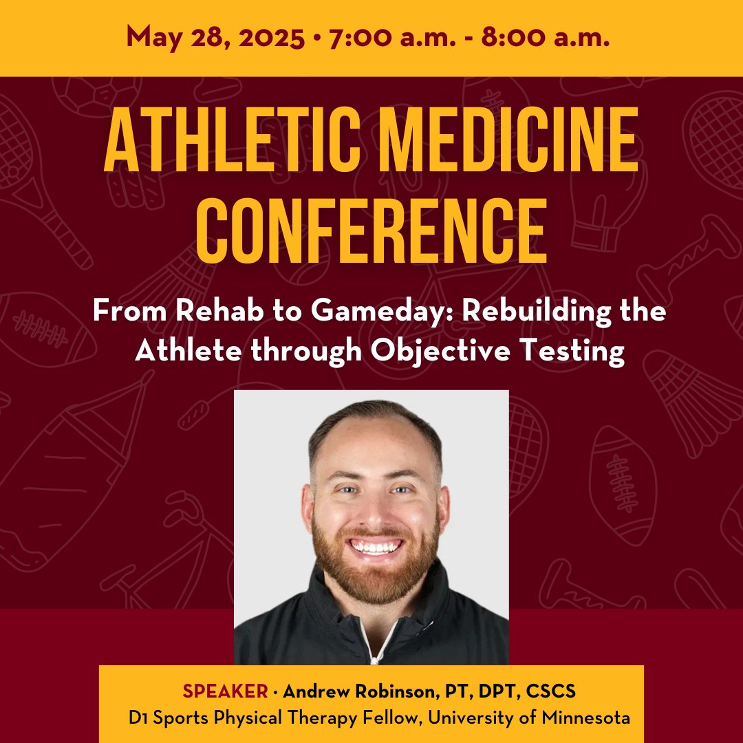 UMN Department of Orthopedic Surgery (@umnorthosurg) on Twitter photo Join us & <a href="/MhfvRes/">MHFV Rehabilitation Residencies</a> on May 28 for our Athletic Medicine Conference! This will be our final conference before we go on a break the summer season.
🗓️ Wednesday, May 28, 7- 8 a.m. CST
💻 Zoom: umn-private.zoom.us/s/96079476276 Join us & <a href="/MhfvRes/">MHFV Rehabilitation Residencies</a> on May 28 for our Athletic Medicine Conference! This will be our final conference before we go on a break the summer season.
🗓️ Wednesday, May 28, 7- 8 a.m. CST
💻 Zoom: umn-private.zoom.us/s/96079476276