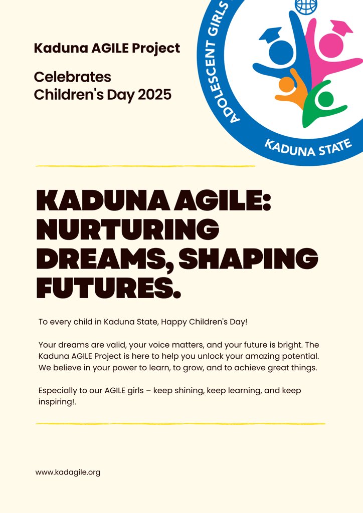 Happy Children's Day from Kaduna AGILE!

We're dedicated to empowering Kaduna's children, especially adolescent girls, through:

Safe and Accessible Learning Spaces
Valuable Life &amp; Digital Skills
Opportunities to Succeed

Investing in our children, investing in Kaduna's tomorrow.