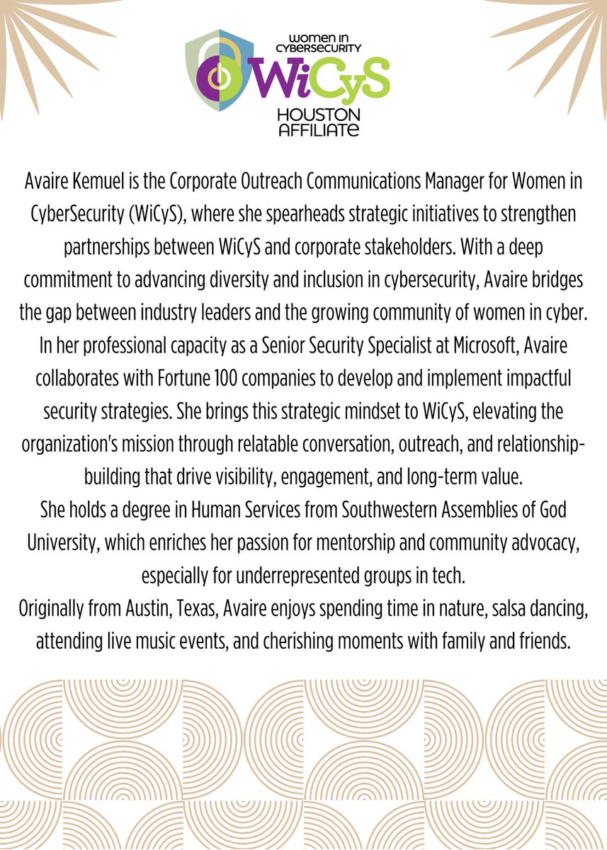 📢 ANNOUNCEMENT 📢 

Kristen Gilmore was looking for key leaders that can help connect with companies that will partner with WiCyS Houston Affiliate to elevate women in cybersecurity in Houston and she found them in Monica Ward, CISSP &amp; Avaire Kemuel.
#levelup #wicyshouston
