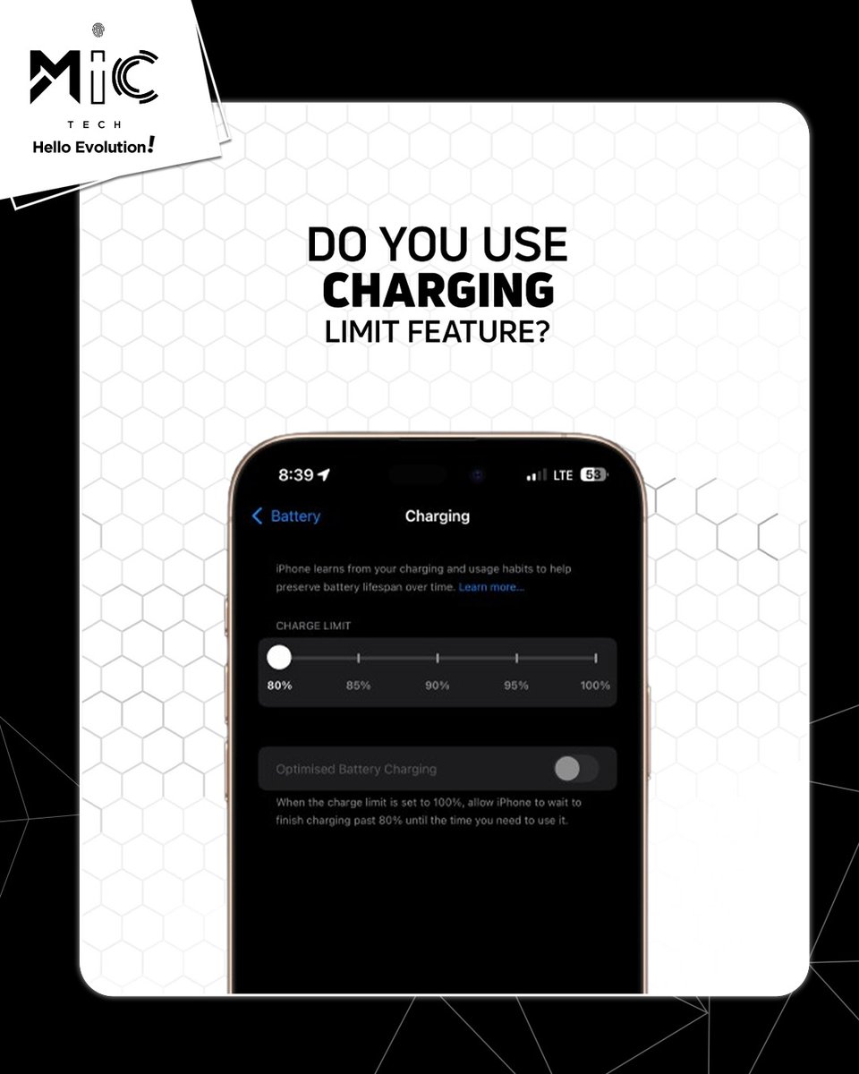 mictechofficiaI's tweet image. Did you know your phone’s charging limit feature can extend battery life and prevent overheating?
Have you tried it yet? Let us know in the comments!

#chargingtips #batteryhealth #smartphonehacks #techawareness #androidtips #iphonetips #staycharged #smartusage